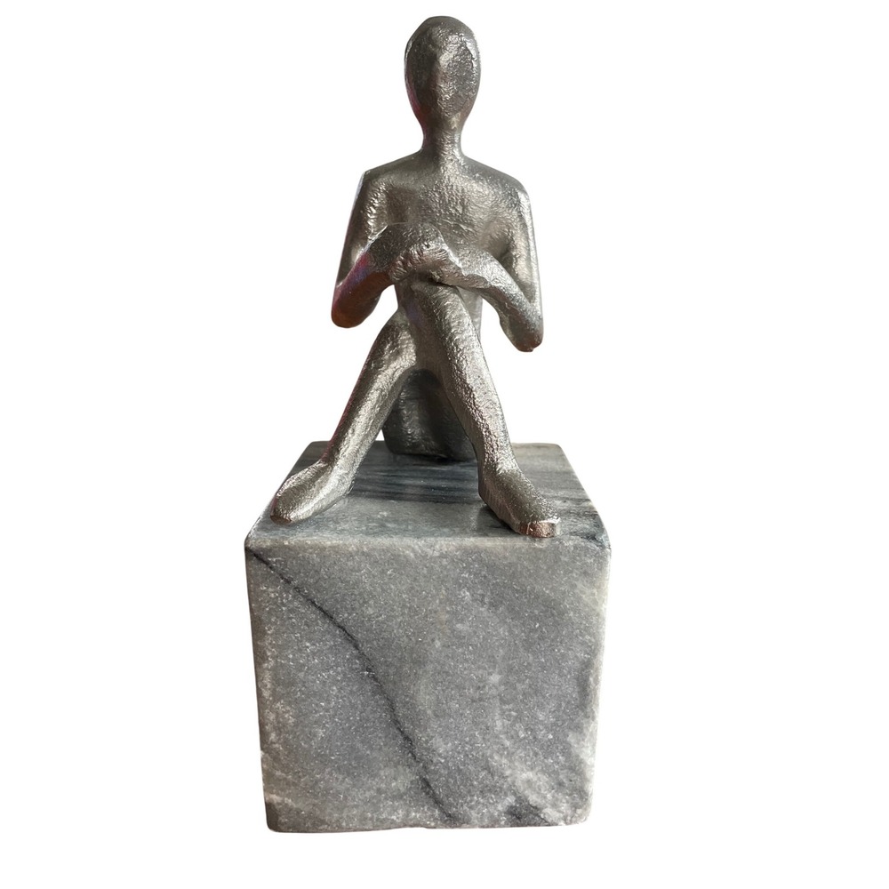 Modernist Cast Metal Seated Figure Sculpture on Grey‎ Marble Base Decor 7.5"